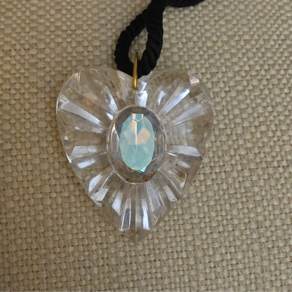 Avon Black Cord Necklace Clear Heart Plastic Crystal Pendant 3" Gold Tone Signed